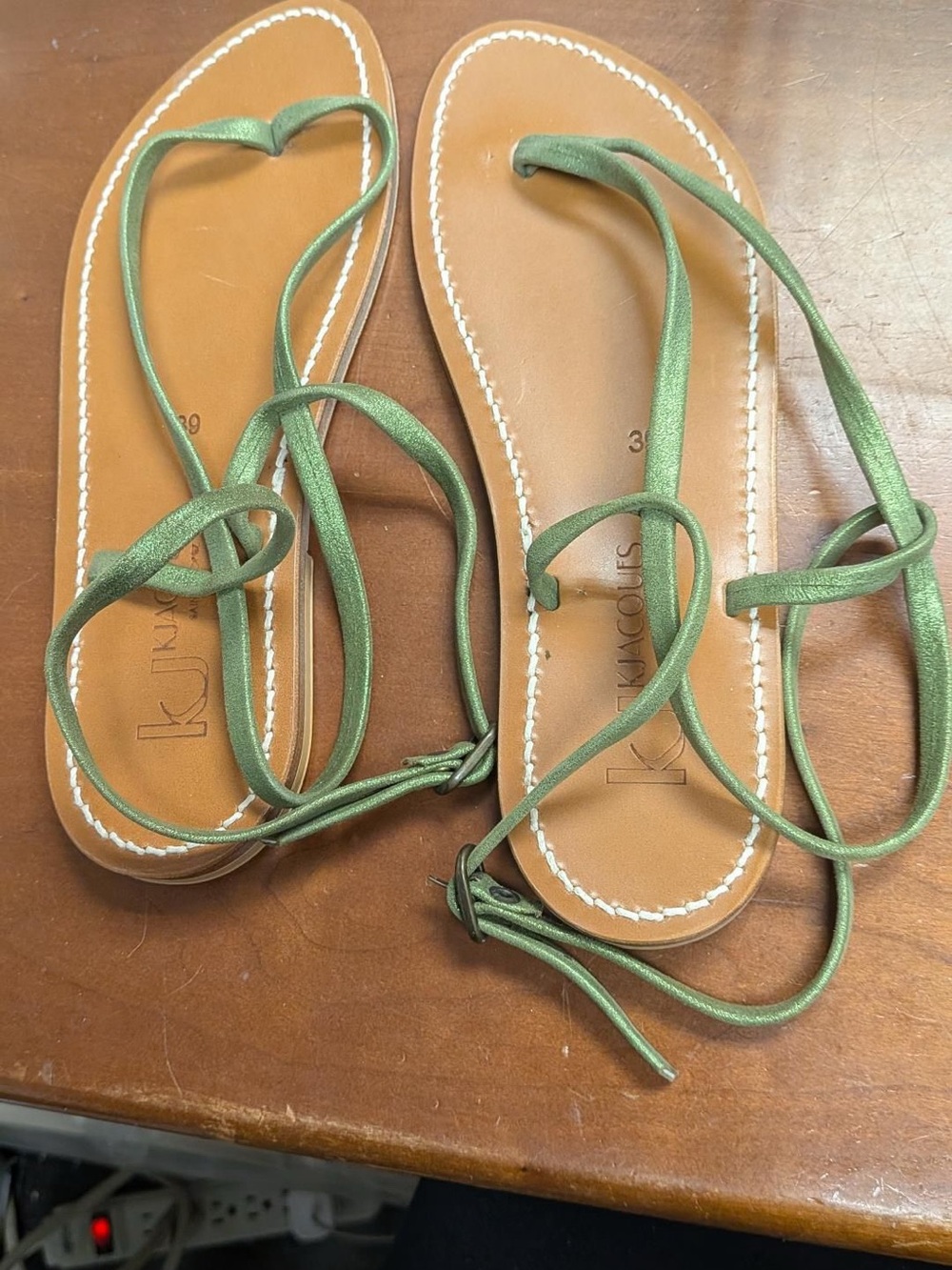 K.Jacques Tan Leather Sandals with Green Wrap Straps